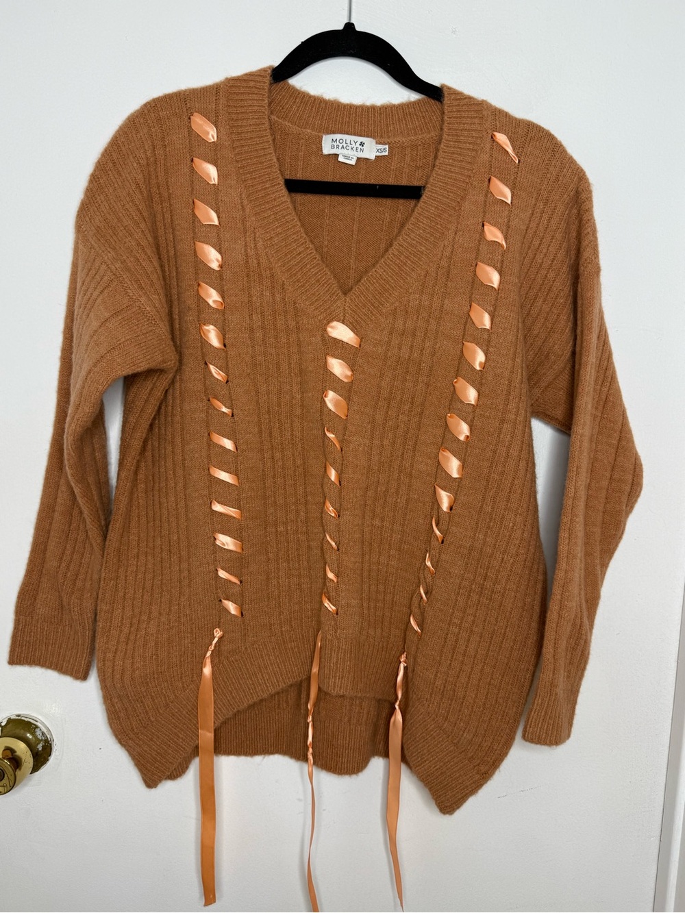 Molly Bracken Caramel V-Neck Sweater with Satin Ribbon Detail